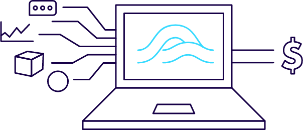 Illustration of a computer and various icons that represents integrated ERP Software.